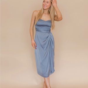 Strapless smocked satin blue midi dress